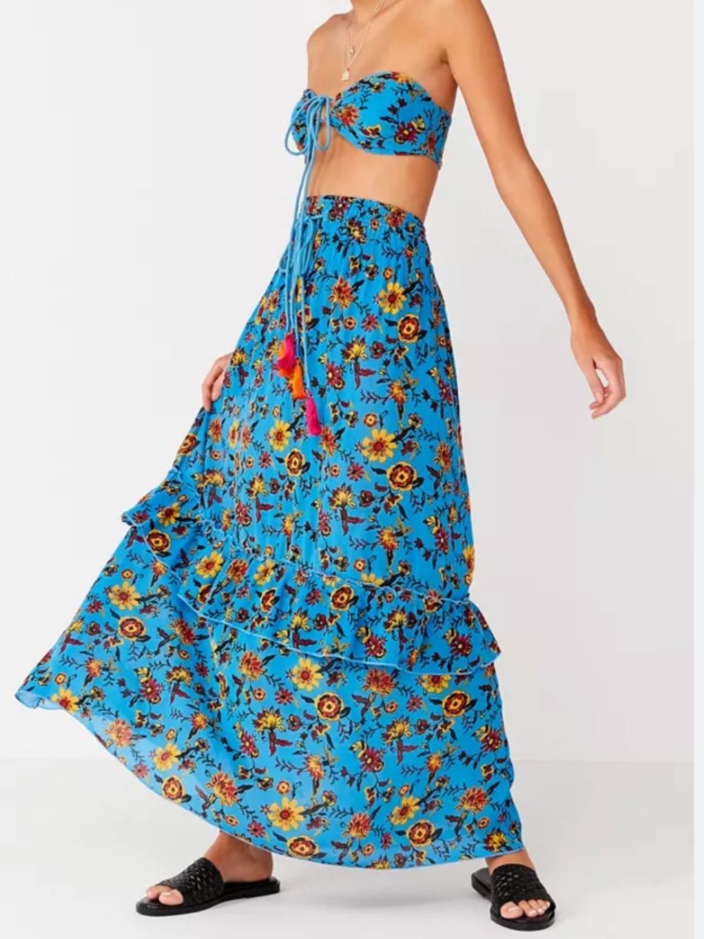 Urban Outfitters Out From Under Orla Ruffle Maxi Skirt Bright Blue Floral Medium